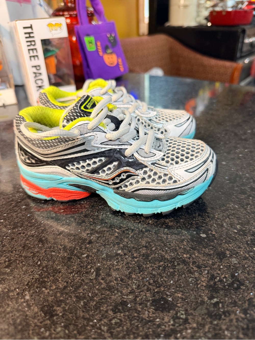 Saucony Kids Gray Mesh Sneakers with Teal and Coral Accents